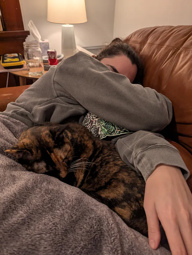 A person in a gray hoodie cuddling with a tabby cat on a brown leather couch, both relaxing together.