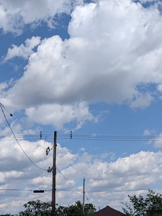 Bright blue sky with large white clouds, a wooden utility pole and power lines above leafy treetops and a dark house roof.