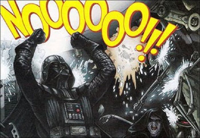 Darth Vader shouts "NOOOOOOO!!" in a comic panel, destroying equipment as Palpatine watches.