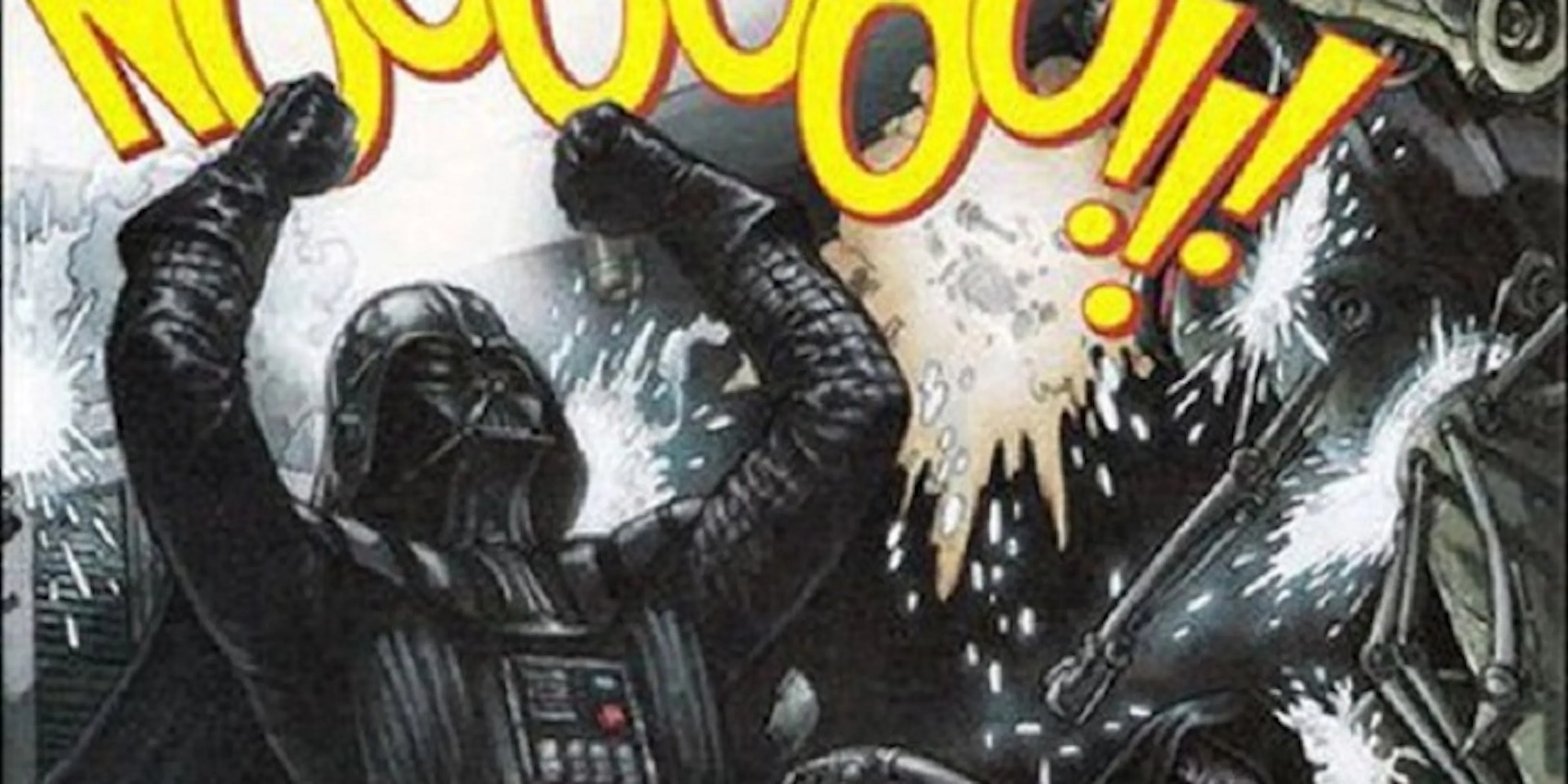 Darth Vader shouts "NOOOOOOO!!" in a comic panel, destroying equipment as Palpatine watches.