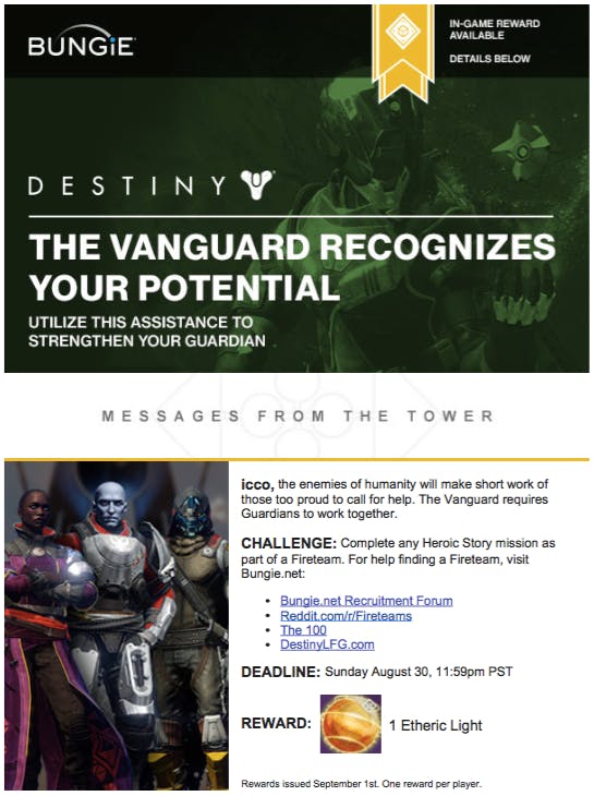 A Bungie announcement for Destiny details a timed challenge for an in-game reward.